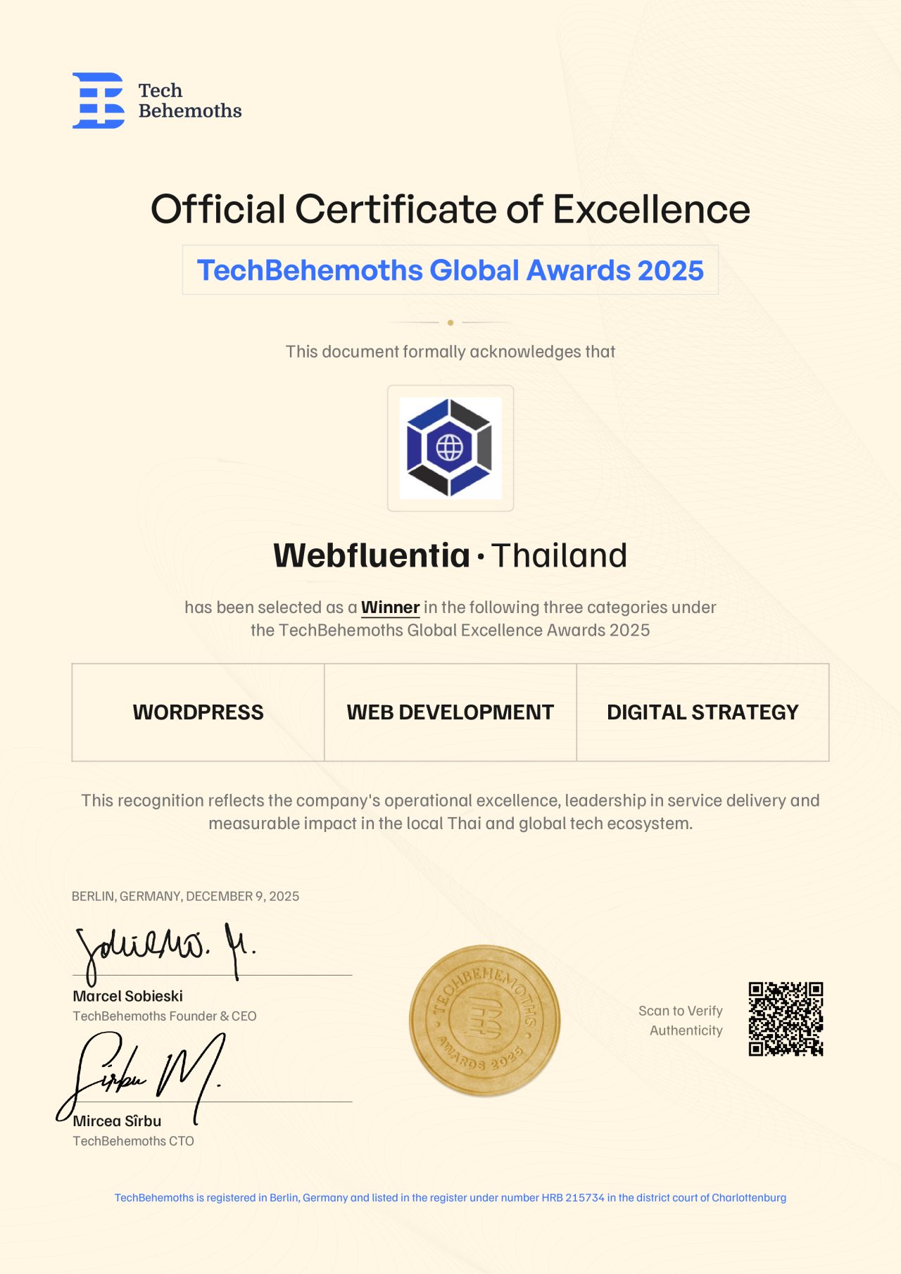 Official Certificate of Excellence â Webfluentia named a TechBehemoths Global Awards 2025 winner in WordPress, Web Development, and Digital Strategy