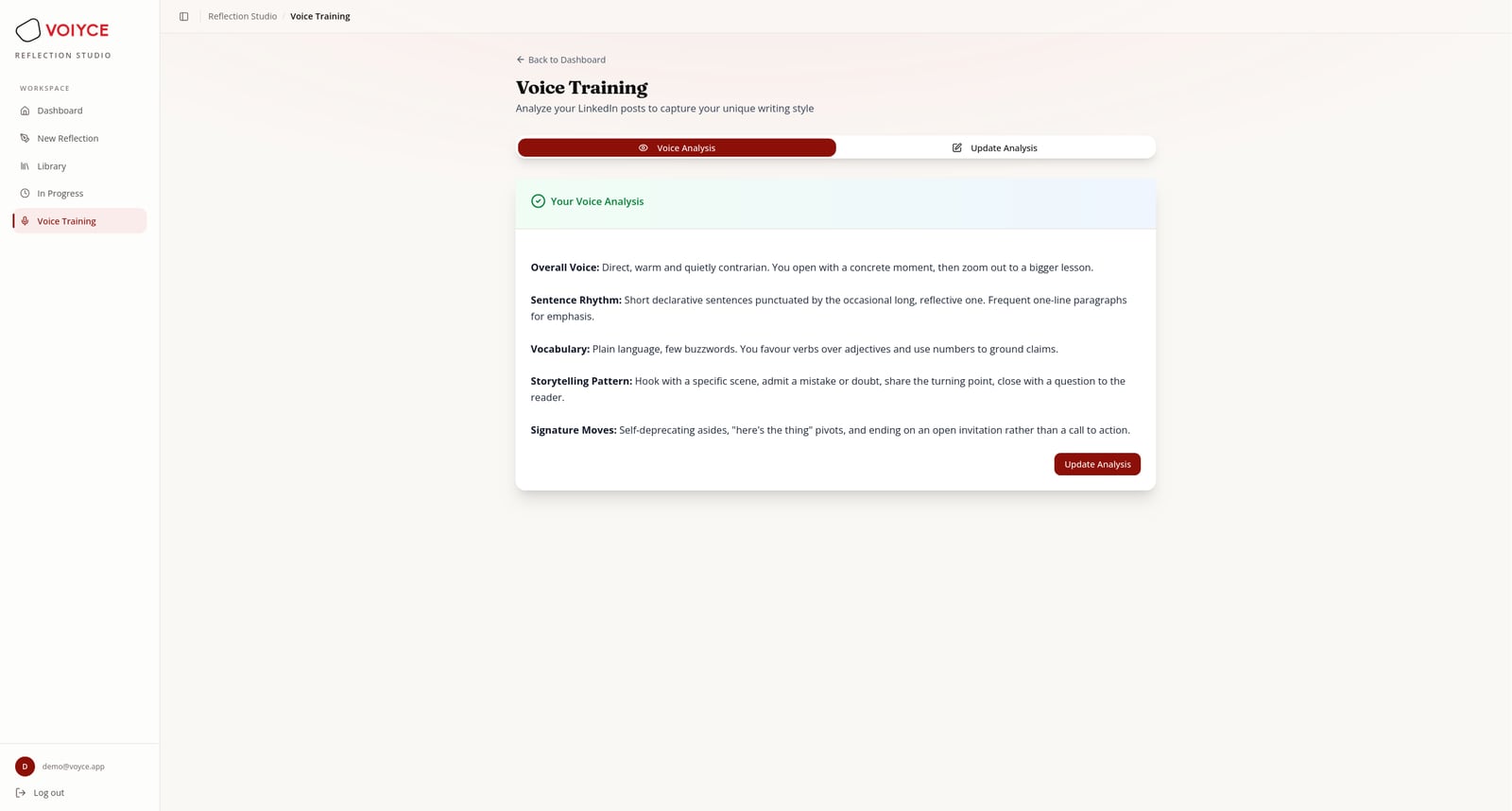 Voice training: an analysis of your LinkedIn posts captures tone, rhythm, vocabulary and storytelling patterns