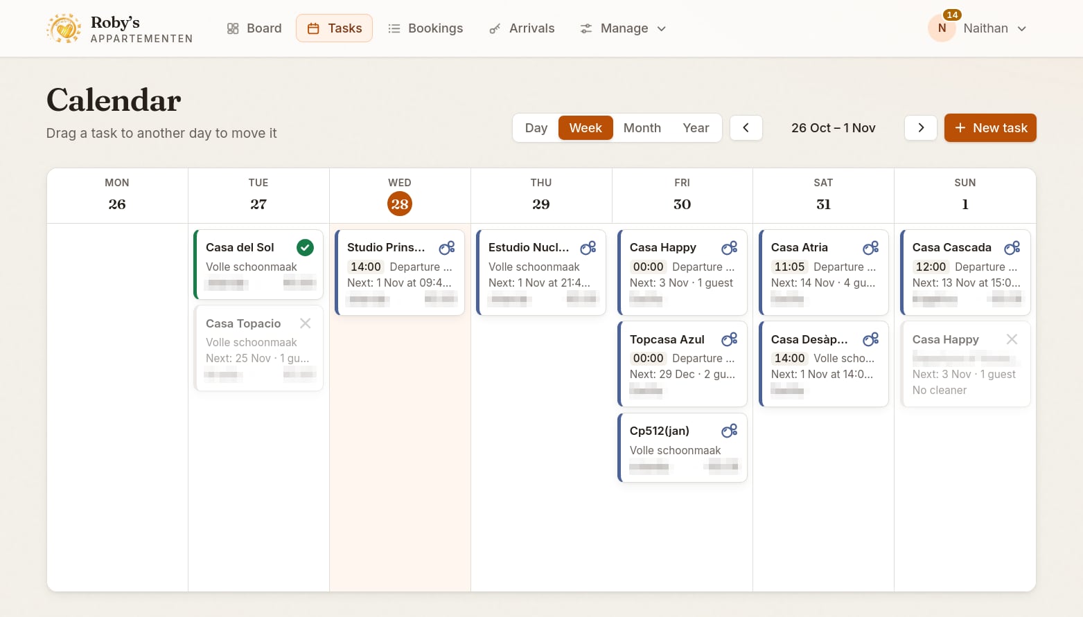 Cleaning planner, week view: drag a task to another day; each card shows the next arrival (names and amounts blurred)