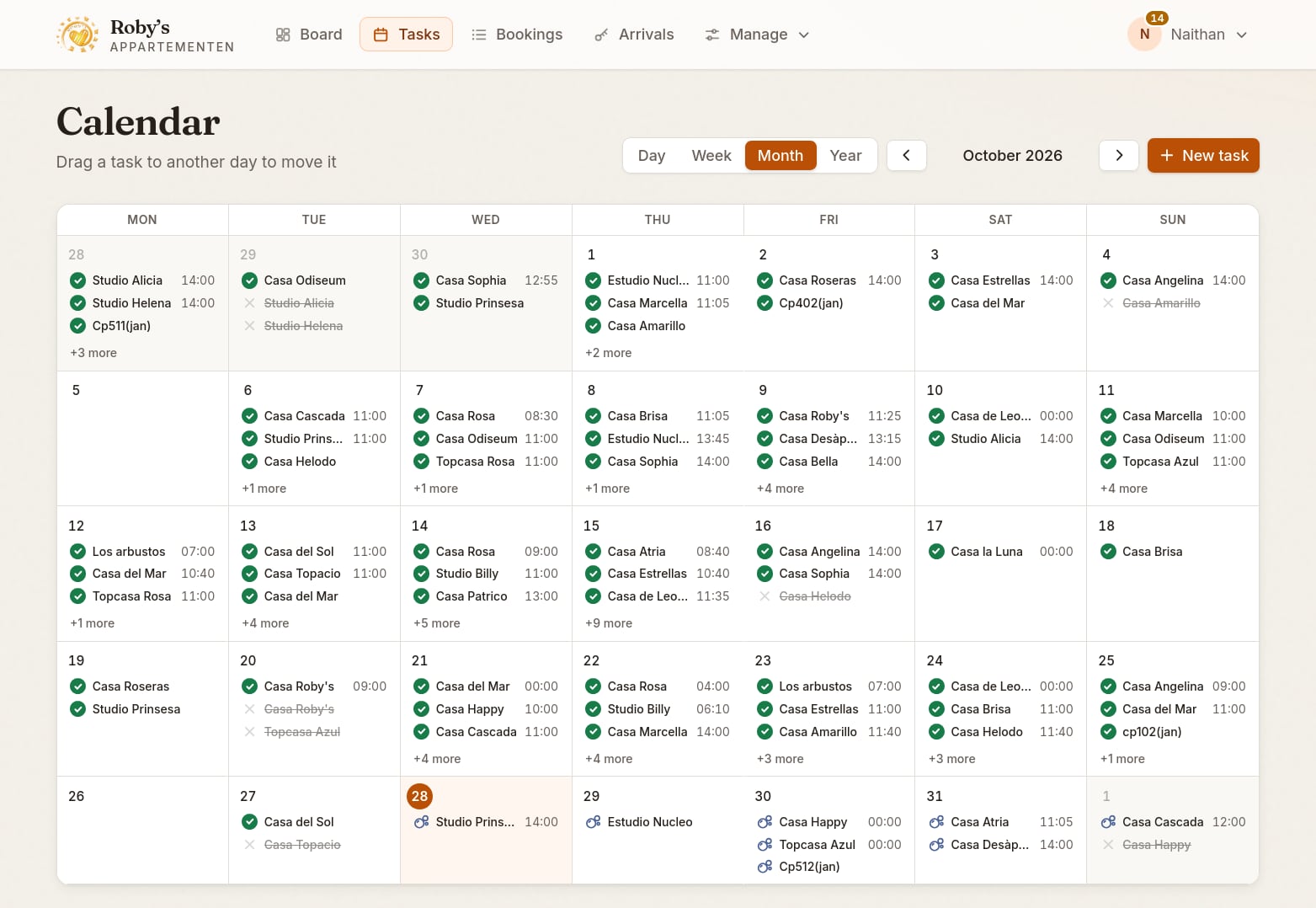 Cleaning planner, month view