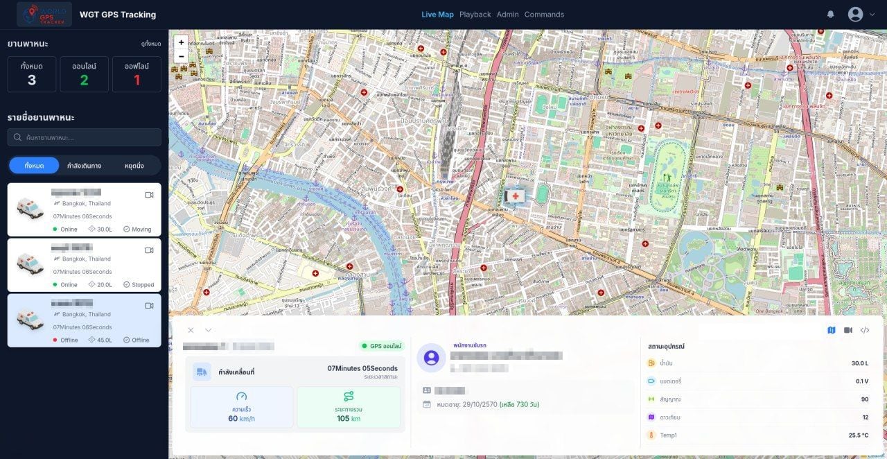 Vehicle detail on the live map: speed, distance, fuel, battery and signal (plates and driver details blurred)